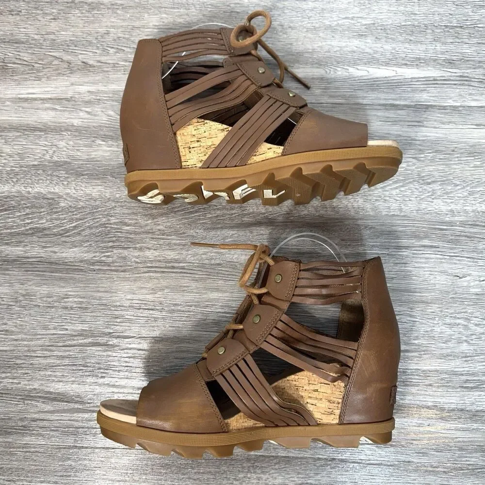 Sorel Joanie II Lace Huarache Wedge Sandal Size 10.5 Brown Leather Strappy